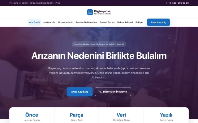Bilgisayar ve Telefon Servisi için Merkez Mor Mavi – Bilgisayar ve Telefon Servisi Web Sitesi ana sayfa görünümü