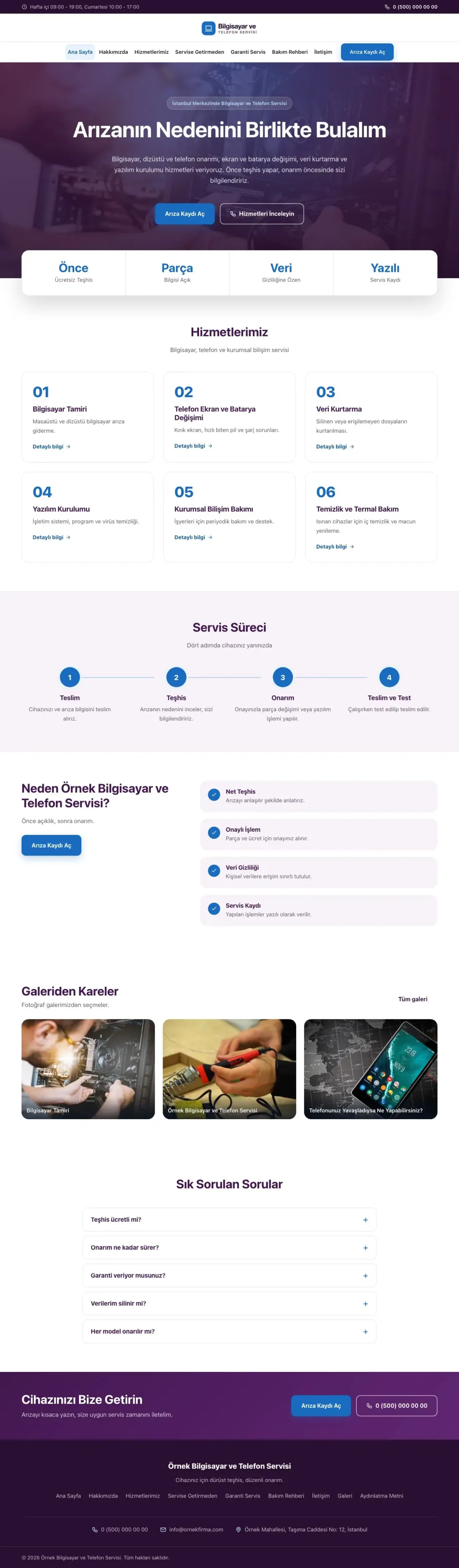 Bilgisayar ve Telefon Servisi için Merkez Mor Mavi – Bilgisayar ve Telefon Servisi Web Sitesi ana sayfa görünümü