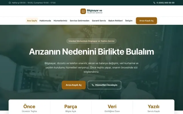 Bilgisayar ve Telefon Servisi için Merkez Petrol Turuncu – Bilgisayar ve Telefon Servisi Web Sitesi ana sayfa görünümü