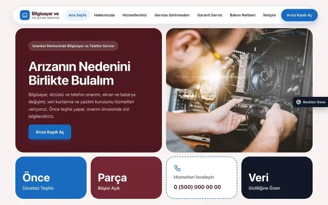 Bilgisayar ve Telefon Servisi için Mozaik Bordo Mavi – Bilgisayar ve Telefon Servisi Web Sitesi ana sayfa görünümü