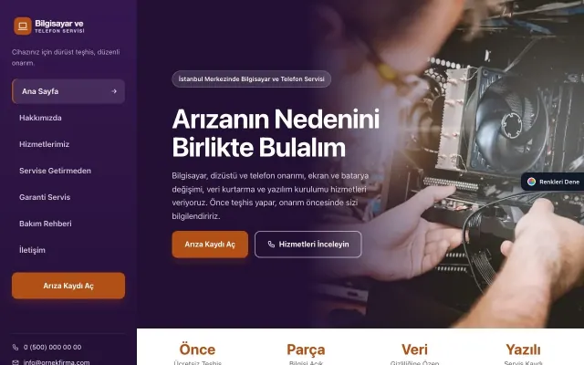 Bilgisayar ve Telefon Servisi için Sol Menü Mor Turuncu – Bilgisayar ve Telefon Servisi Web Sitesi ana sayfa görünümü