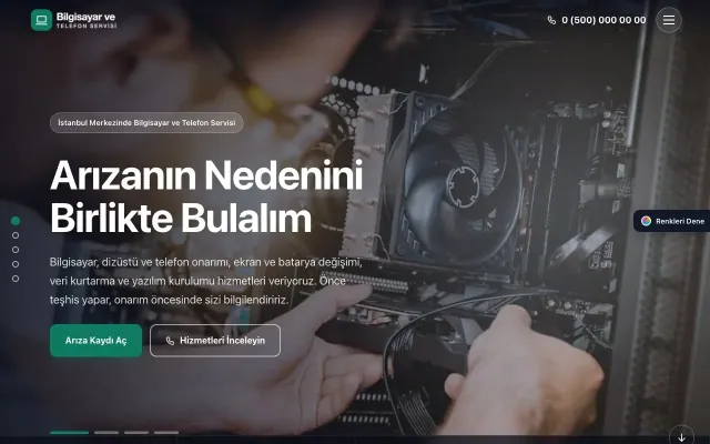 Bilgisayar ve Telefon Servisi için Tam Ekran Bordo Turkuaz – Bilgisayar ve Telefon Servisi Web Sitesi ana sayfa görünümü
