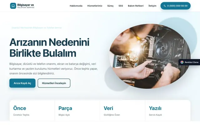 Bilgisayar ve Telefon Servisi için Tek Sayfa Mavi Turkuaz – Bilgisayar ve Telefon Servisi Web Sitesi ana sayfa görünümü
