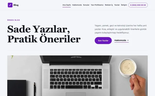 Dergi Editoryal Lacivert Mor – Blog Sitesi Web Sitesi ana sayfa görünümü