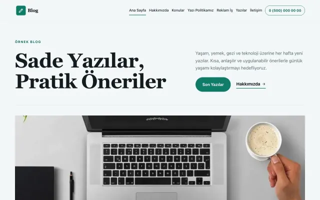 Dergi Editoryal Mavi Turkuaz – Blog Sitesi Web Sitesi ana sayfa görünümü