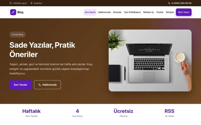 Klasik Kahve Mor – Blog Sitesi Web Sitesi ana sayfa görünümü
