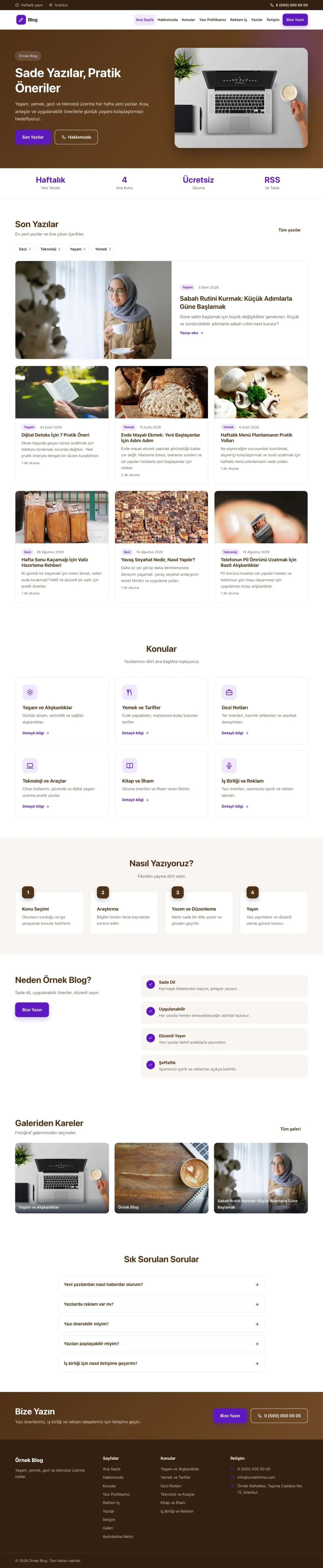 Klasik Kahve Mor – Blog Sitesi Web Sitesi ana sayfa görünümü