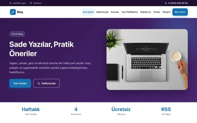 Klasik Mor Mavi – Blog Sitesi Web Sitesi ana sayfa görünümü