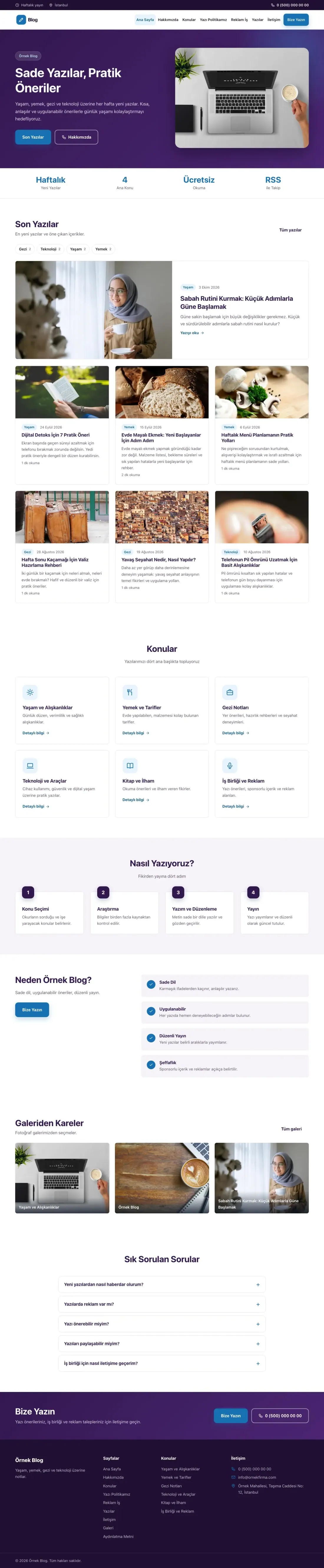 Klasik Mor Mavi – Blog Sitesi Web Sitesi ana sayfa görünümü