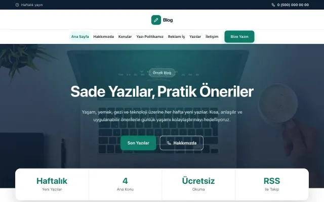 Merkez Mavi Turkuaz – Blog Sitesi Web Sitesi ana sayfa görünümü