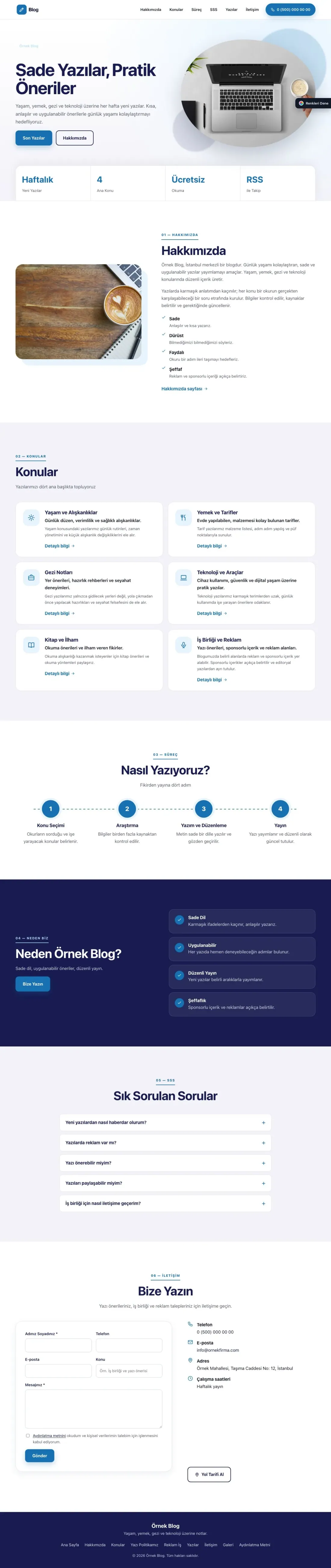 Blog Sitesi için Tek Sayfa Lacivert Mavi – Blog Sitesi Web Sitesi ana sayfa görünümü