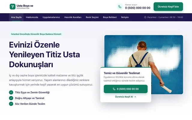 Bölünmüş Lacivert Turkuaz – Boya ve Badana Web Sitesi ana sayfa görünümü