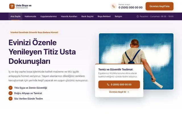 Bölünmüş Mor Turuncu – Boya ve Badana Web Sitesi ana sayfa görünümü
