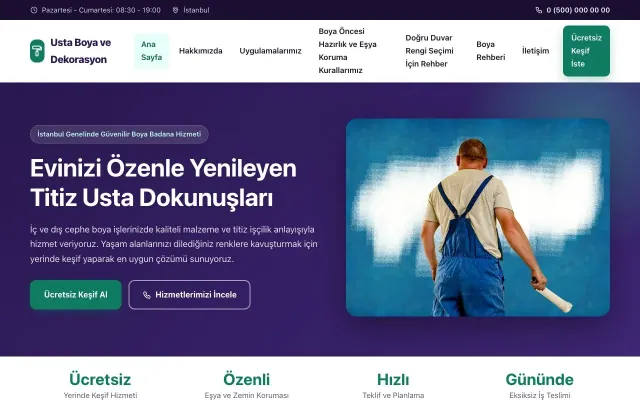 Boya ve Badana için Klasik Mor Turkuaz – Boya ve Badana Web Sitesi ana sayfa görünümü