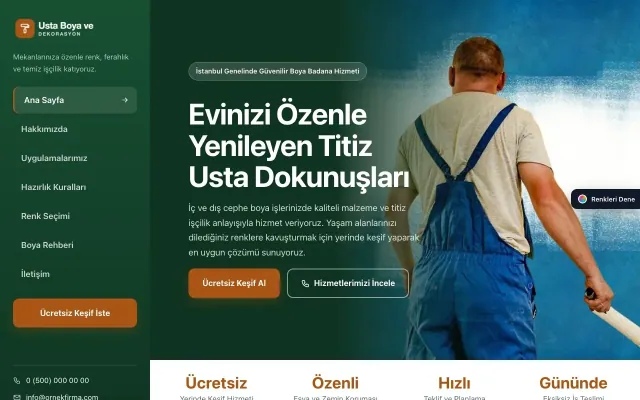 Boya ve Badana için Sol Menü Yeşil Turuncu – Boya ve Badana Web Sitesi ana sayfa görünümü