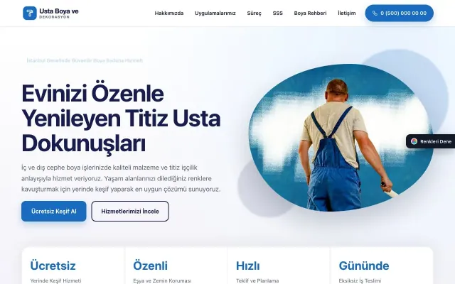 Boya ve Badana için Tek Sayfa Lacivert Mavi – Boya ve Badana Web Sitesi ana sayfa görünümü