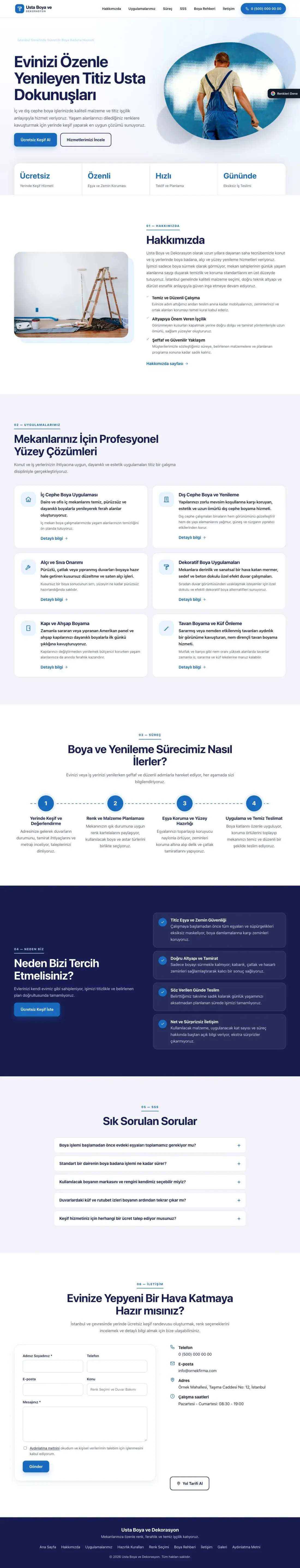 Boya ve Badana için Tek Sayfa Lacivert Mavi – Boya ve Badana Web Sitesi ana sayfa görünümü