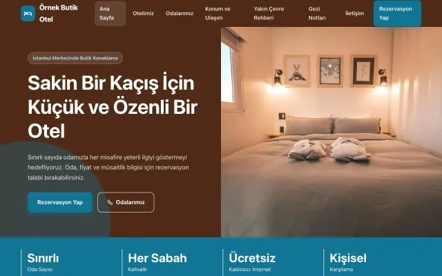 Butik Otel için Blok Kahve Turkuaz – Butik Otel Web Sitesi ana sayfa görünümü