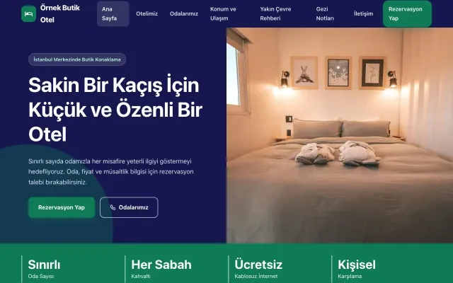 Butik Otel için Blok Lacivert Turkuaz – Butik Otel Web Sitesi ana sayfa görünümü