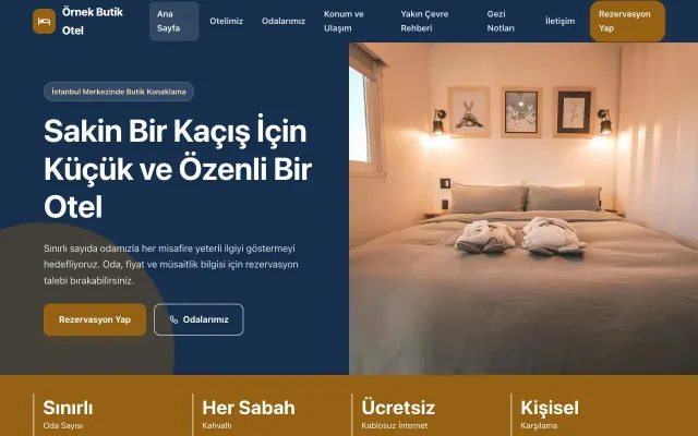 Butik Otel için Blok Mavi Turuncu – Butik Otel Web Sitesi ana sayfa görünümü
