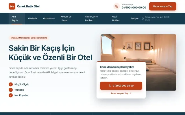 Butik Otel için Bölünmüş Mavi Turuncu – Butik Otel Web Sitesi ana sayfa görünümü