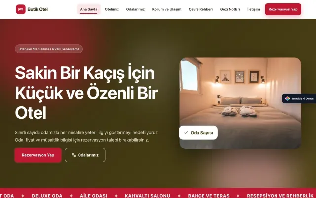 Butik Otel için Hareketli Zeytin Kırmızı – Butik Otel Web Sitesi ana sayfa görünümü