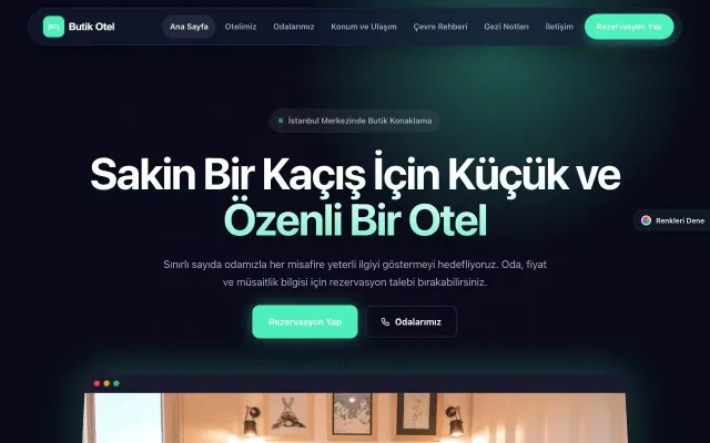 Butik Otel için Koyu Modern Lacivert Turkuaz – Butik Otel Web Sitesi ana sayfa görünümü