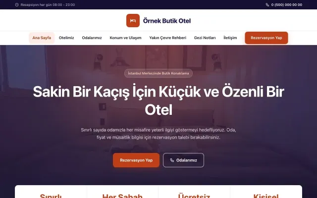 Butik Otel için Merkez Lacivert Turuncu – Butik Otel Web Sitesi ana sayfa görünümü