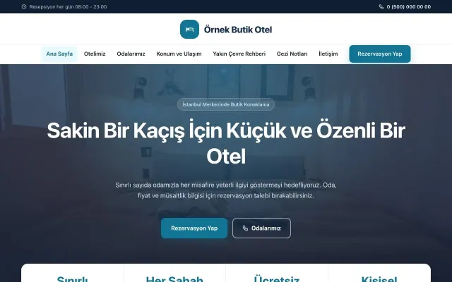 Butik Otel için Merkez Mavi Turkuaz – Butik Otel Web Sitesi ana sayfa görünümü