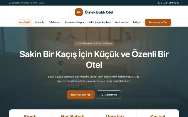 Butik Otel için Merkez Petrol Turuncu – Butik Otel Web Sitesi ana sayfa görünümü
