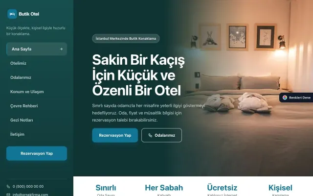 Butik Otel için Sol Menü Petrol Turkuaz – Butik Otel Web Sitesi ana sayfa görünümü