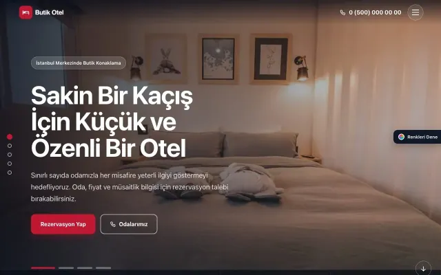 Butik Otel için Tam Ekran Mavi Kırmızı – Butik Otel Web Sitesi ana sayfa görünümü