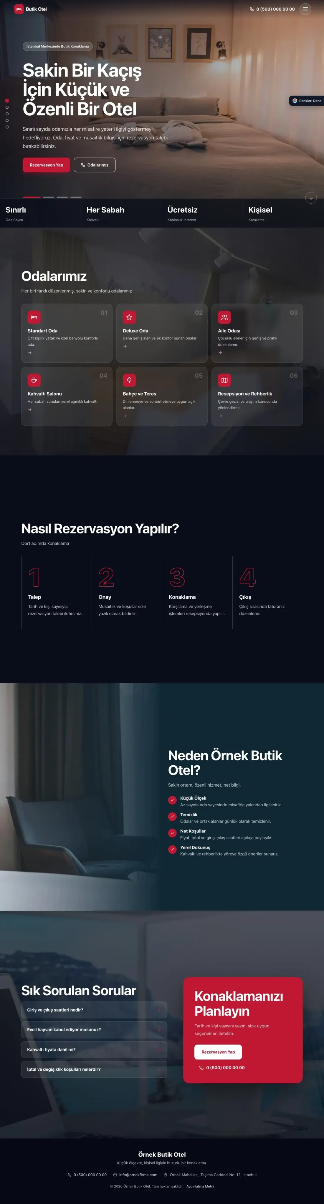 Butik Otel için Tam Ekran Mavi Kırmızı – Butik Otel Web Sitesi ana sayfa görünümü