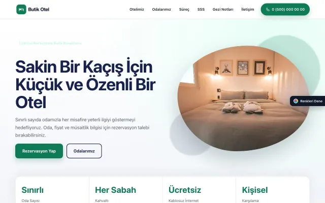 Butik Otel için Tek Sayfa Lacivert Turkuaz – Butik Otel Web Sitesi ana sayfa görünümü