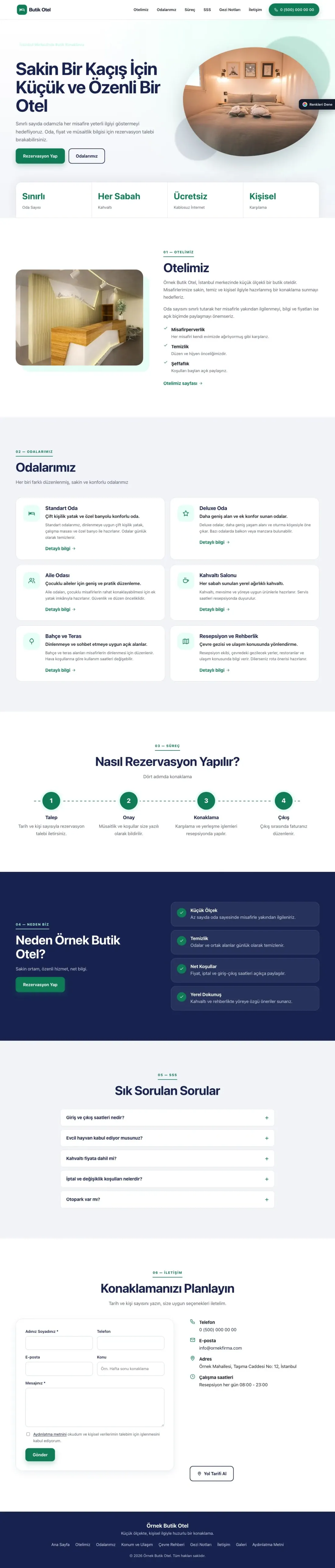 Butik Otel için Tek Sayfa Lacivert Turkuaz – Butik Otel Web Sitesi ana sayfa görünümü