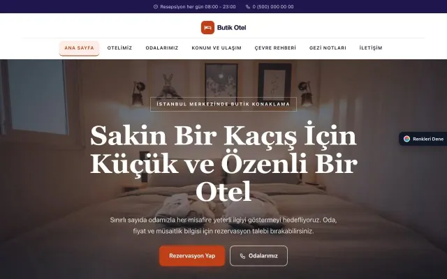Butik Otel için Zigzag Lacivert Turuncu – Butik Otel Web Sitesi ana sayfa görünümü