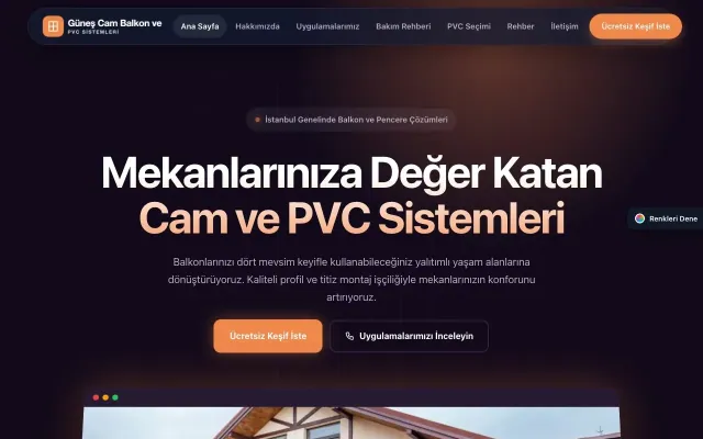 Cam Balkon ve PVC için Koyu Modern Mor Turuncu – Cam Balkon ve PVC Web Sitesi ana sayfa görünümü