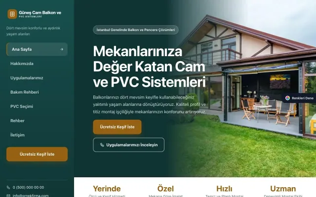Cam Balkon ve PVC için Sol Menü Petrol Turuncu – Cam Balkon ve PVC Web Sitesi ana sayfa görünümü