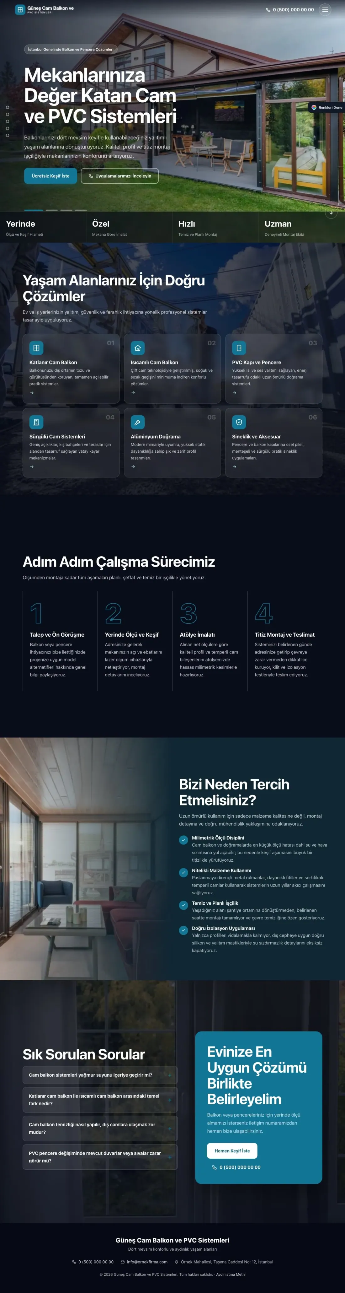 Cam Balkon ve PVC için Tam Ekran Mavi Turkuaz – Cam Balkon ve PVC Web Sitesi ana sayfa görünümü