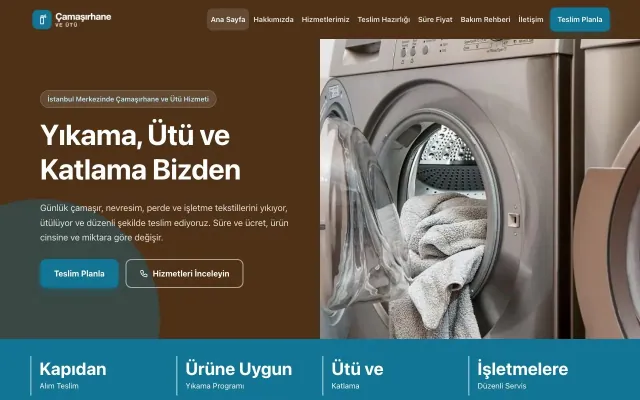 Çamaşırhane ve Ütü için Blok Kahve Turkuaz – Çamaşırhane ve Ütü Web Sitesi ana sayfa görünümü