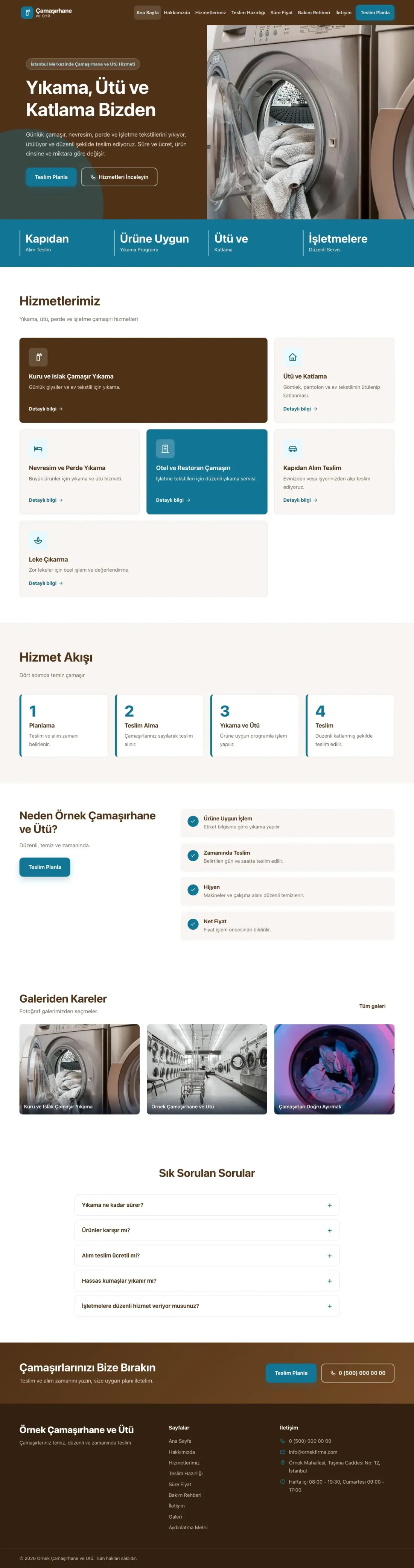 Çamaşırhane ve Ütü için Blok Kahve Turkuaz – Çamaşırhane ve Ütü Web Sitesi ana sayfa görünümü