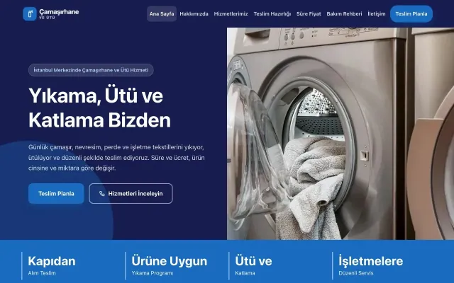 Çamaşırhane ve Ütü için Blok Lacivert Mavi – Çamaşırhane ve Ütü Web Sitesi ana sayfa görünümü