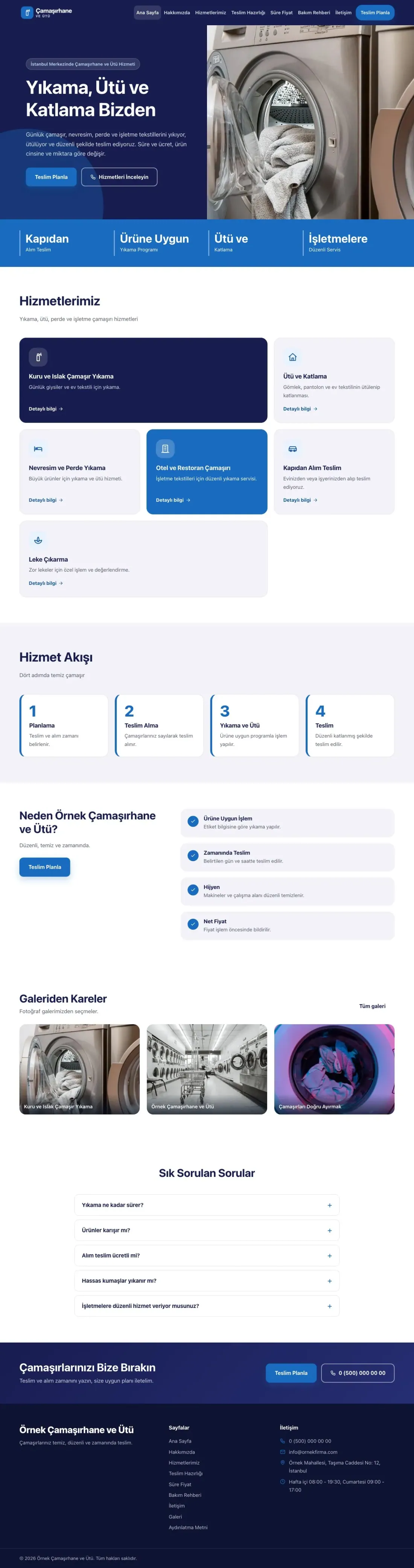 Çamaşırhane ve Ütü için Blok Lacivert Mavi – Çamaşırhane ve Ütü Web Sitesi ana sayfa görünümü