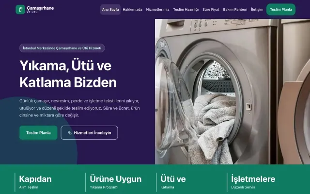 Çamaşırhane ve Ütü için Blok Mor Turkuaz – Çamaşırhane ve Ütü Web Sitesi ana sayfa görünümü