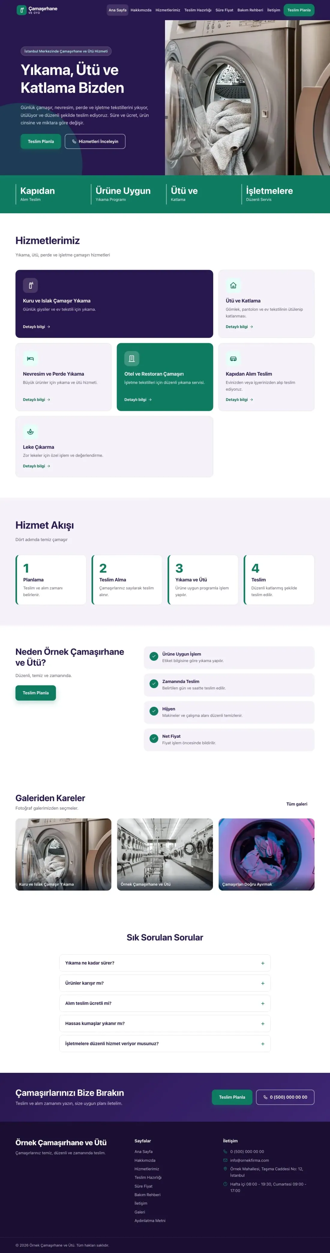 Çamaşırhane ve Ütü için Blok Mor Turkuaz – Çamaşırhane ve Ütü Web Sitesi ana sayfa görünümü