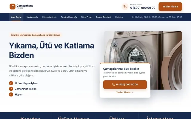 Çamaşırhane ve Ütü için Bölünmüş Mavi Turuncu – Çamaşırhane ve Ütü Web Sitesi ana sayfa görünümü