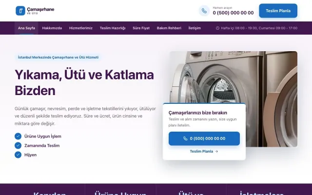Çamaşırhane ve Ütü için Bölünmüş Mor Mavi – Çamaşırhane ve Ütü Web Sitesi ana sayfa görünümü