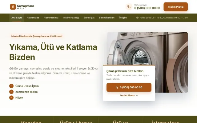 Çamaşırhane ve Ütü için Bölünmüş Zeytin Turuncu – Çamaşırhane ve Ütü Web Sitesi ana sayfa görünümü