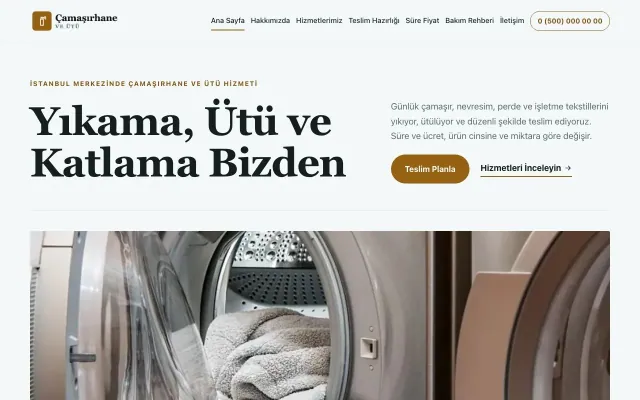 Çamaşırhane ve Ütü için Dergi Editoryal Petrol Turuncu – Çamaşırhane ve Ütü Web Sitesi ana sayfa görünümü