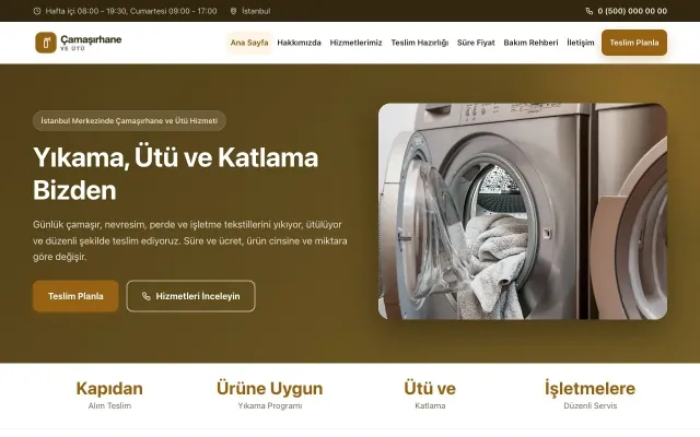 Çamaşırhane ve Ütü için Klasik Kahve Turuncu – Çamaşırhane ve Ütü Web Sitesi ana sayfa görünümü